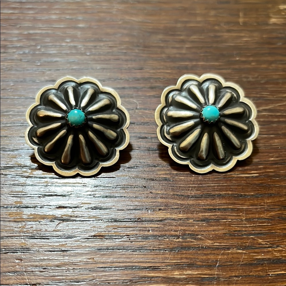Concho Native Turquoise Earrings Sterling Silver